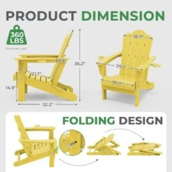 Classic Outdoor HDPE Folding Plastic Adirondack Chair With 2 Cup Holders In Yellow (Set Of 1) -More Furniture Store jearey plastic adirondack chairs sbtydy yellow 4f 1000