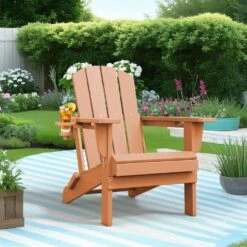 Classic Orange Folding Plastic Adirondack Chairs With 2-Cup Holders-Weather Resistant Patio Outdoor Chair (Set Of 1)