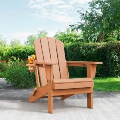 Classic Orange Folding Plastic Adirondack Chairs With 2-Cup Holders-Weather Resistant Patio Outdoor Chair (Set Of 1) -More Furniture Store jearey plastic adirondack chairs sbtzdy aj c3 1000