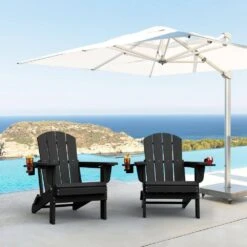 Classic Black Folding Plastic Adirondack Chairs With 2-Cup Holders-Weather Resistant Patio Outdoor Chair (Set Of 1) -More Furniture Store jearey plastic adirondack chairs sbtzdy bk 31 1000
