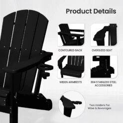 Classic Black Folding Plastic Adirondack Chairs With 2-Cup Holders-Weather Resistant Patio Outdoor Chair (Set Of 1) -More Furniture Store jearey plastic adirondack chairs sbtzdy bk 4f 1000