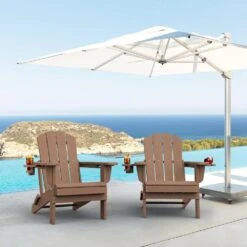 Classic Brown Folding Plastic Adirondack Chairs With 2-Cup Holders-Weather Resistant Patio Outdoor Chair (Set Of 1) -More Furniture Store jearey plastic adirondack chairs sbtzdy br 31 1000