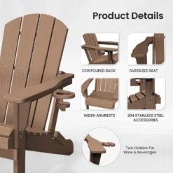 Classic Brown Folding Plastic Adirondack Chairs With 2-Cup Holders-Weather Resistant Patio Outdoor Chair (Set Of 1) -More Furniture Store jearey plastic adirondack chairs sbtzdy br 4f 1000