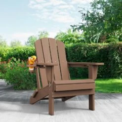 Classic Brown Folding Plastic Adirondack Chairs With 2-Cup Holders-Weather Resistant Patio Outdoor Chair (Set Of 1) -More Furniture Store jearey plastic adirondack chairs sbtzdy br c3 1000