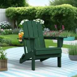 Classic Dark Green Folding Plastic Adirondack Chairs With 2-Cup Holders-Weather Resistant Patio Outdoor Chair (Set Of 1)