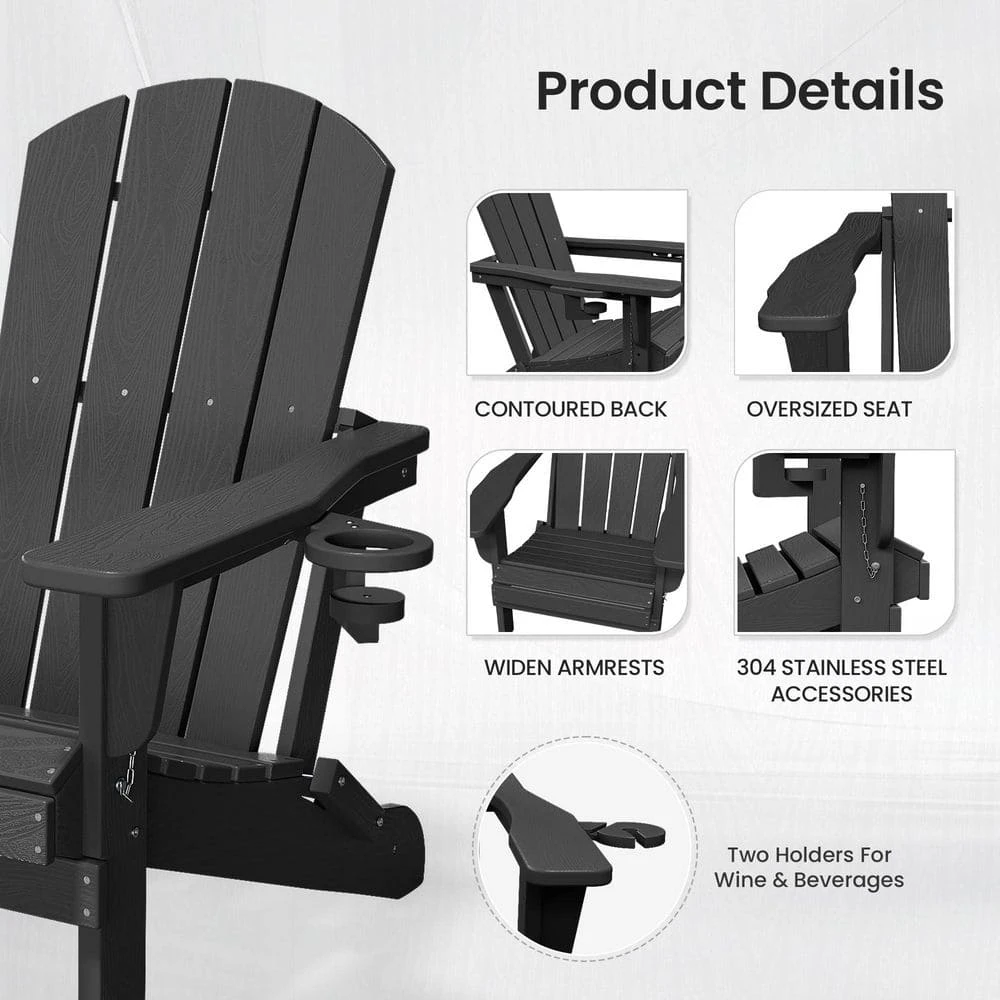 Classic Gray Folding Plastic Adirondack Chairs With 2-Cup Holders-Weather Resistant Patio Outdoor Chair (Set Of 1) 5 Classic Gray Folding Plastic Adirondack Chairs With 2-Cup Holders-Weather Resistant Patio Outdoor Chair (Set Of 1) - Image 5