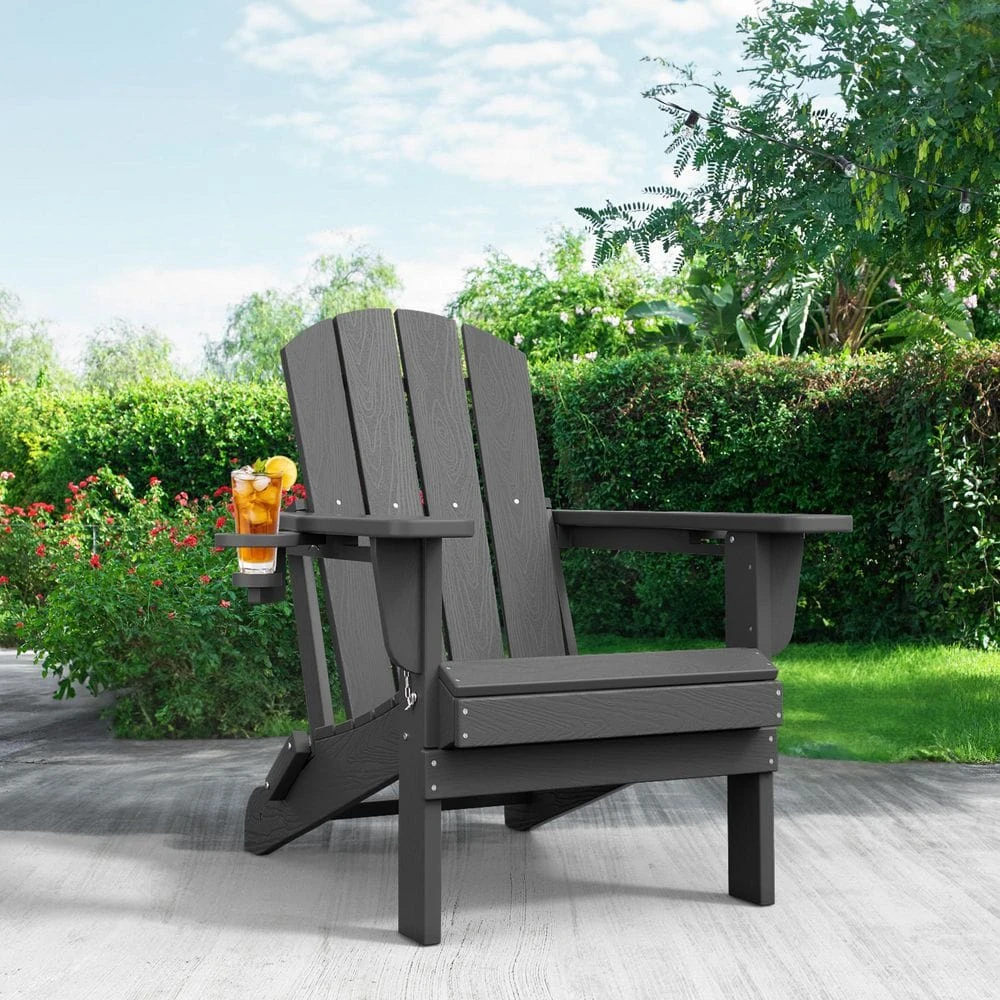 Classic Gray Folding Plastic Adirondack Chairs With 2-Cup Holders-Weather Resistant Patio Outdoor Chair (Set Of 1) 4 Classic Gray Folding Plastic Adirondack Chairs With 2-Cup Holders-Weather Resistant Patio Outdoor Chair (Set Of 1) - Image 4
