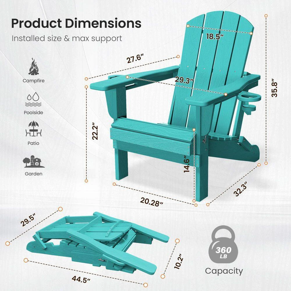 Classic Peacock Blue Folding Plastic Adirondack Chairs W/ 2-Cup Holders-Weather Resistant Patio Outdoor Chair (Set Of 1) 6 Classic Peacock Blue Folding Plastic Adirondack Chairs W/ 2-Cup Holders-Weather Resistant Patio Outdoor Chair (Set Of 1) - Image 6