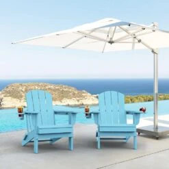 Classic Light Blue Folding Plastic Adirondack Chairs With 2-Cup Holders-Weather Resistant Patio Outdoor Chair (Set Of 1) -More Furniture Store jearey plastic adirondack chairs sbtzdy lbl 31 1000