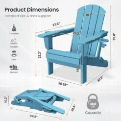 Classic Light Blue Folding Plastic Adirondack Chairs With 2-Cup Holders-Weather Resistant Patio Outdoor Chair (Set Of 1) -More Furniture Store jearey plastic adirondack chairs sbtzdy lbl 44 1000