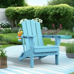 Classic Light Blue Folding Plastic Adirondack Chairs With 2-Cup Holders-Weather Resistant Patio Outdoor Chair (Set Of 1)