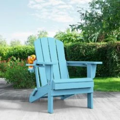 Classic Light Blue Folding Plastic Adirondack Chairs With 2-Cup Holders-Weather Resistant Patio Outdoor Chair (Set Of 1) -More Furniture Store jearey plastic adirondack chairs sbtzdy lbl c3 1000