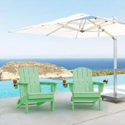Classic Light Green Folding HDPE Adirondack Chairs With 2-Cup Holders-Weather Resistant Patio Outdoor Chair (Set Of 1) -More Furniture Store jearey plastic adirondack chairs sbtzdy lgn 31 1000