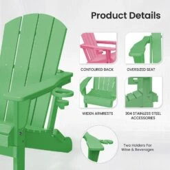 Classic Light Green Folding HDPE Adirondack Chairs With 2-Cup Holders-Weather Resistant Patio Outdoor Chair (Set Of 1) -More Furniture Store jearey plastic adirondack chairs sbtzdy lgn 4f 1000