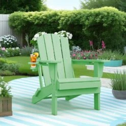 Classic Light Green Folding HDPE Adirondack Chairs With 2-Cup Holders-Weather Resistant Patio Outdoor Chair (Set Of 1)