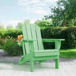 Classic Light Green Folding HDPE Adirondack Chairs With 2-Cup Holders-Weather Resistant Patio Outdoor Chair (Set Of 1) -More Furniture Store jearey plastic adirondack chairs sbtzdy lgn c3 1000