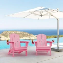 Classic Light Pink Folding Plastic Adirondack Chairs With 2-Cup Holders-Weather Resistant Patio Outdoor Chair (Set Of 1) -More Furniture Store jearey plastic adirondack chairs sbtzdy lpk 31 1000