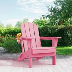 Classic Light Pink Folding Plastic Adirondack Chairs With 2-Cup Holders-Weather Resistant Patio Outdoor Chair (Set Of 1) -More Furniture Store jearey plastic adirondack chairs sbtzdy lpk c3 1000