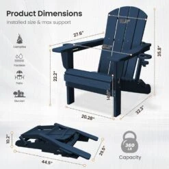 Classic Navy Blue Folding Plastic Adirondack Chairs With 2-Cup Holders-Weather Resistant Patio Outdoor Chair (Set Of 1) -More Furniture Store jearey plastic adirondack chairs sbtzdy na 44 1000