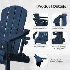 Classic Navy Blue Folding Plastic Adirondack Chairs With 2-Cup Holders-Weather Resistant Patio Outdoor Chair (Set Of 1) -More Furniture Store jearey plastic adirondack chairs sbtzdy na 4f 1000