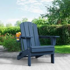Classic Navy Blue Folding Plastic Adirondack Chairs With 2-Cup Holders-Weather Resistant Patio Outdoor Chair (Set Of 1) -More Furniture Store jearey plastic adirondack chairs sbtzdy na c3 1000
