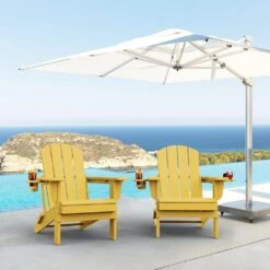 Classic Yellow Folding Plastic Adirondack Chairs With 2-Cup Holders-Weather Resistant Patio Outdoor Chair (Set Of 1) -More Furniture Store jearey plastic adirondack chairs sbtzdy nmh 31 1000