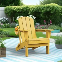 Classic Yellow Folding Plastic Adirondack Chairs With 2-Cup Holders-Weather Resistant Patio Outdoor Chair (Set Of 1) -More Furniture Store jearey plastic adirondack chairs sbtzdy nmh 40 1000