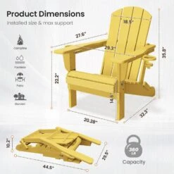 Classic Yellow Folding Plastic Adirondack Chairs With 2-Cup Holders-Weather Resistant Patio Outdoor Chair (Set Of 1) -More Furniture Store jearey plastic adirondack chairs sbtzdy nmh 44 1000