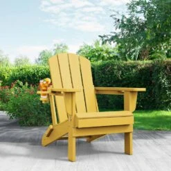 Classic Yellow Folding Plastic Adirondack Chairs With 2-Cup Holders-Weather Resistant Patio Outdoor Chair (Set Of 1) -More Furniture Store jearey plastic adirondack chairs sbtzdy nmh c3 1000