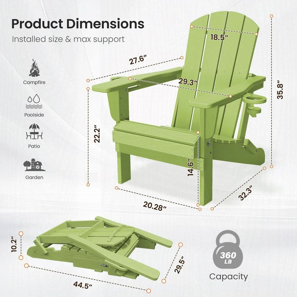 Classic Apple Green Folding HDPE Adirondack Chairs With 2-Cup Holders-Weather Resistant Patio Outdoor Chair (Set Of 1) 6 Classic Apple Green Folding HDPE Adirondack Chairs With 2-Cup Holders-Weather Resistant Patio Outdoor Chair (Set Of 1) - Image 6