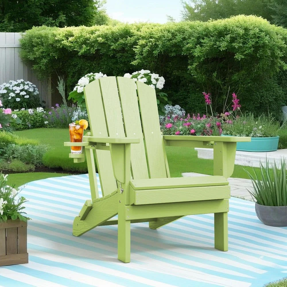 Classic Apple Green Folding HDPE Adirondack Chairs With 2-Cup Holders-Weather Resistant Patio Outdoor Chair (Set Of 1) 1 Classic Apple Green Folding HDPE Adirondack Chairs With 2-Cup Holders-Weather Resistant Patio Outdoor Chair (Set Of 1)