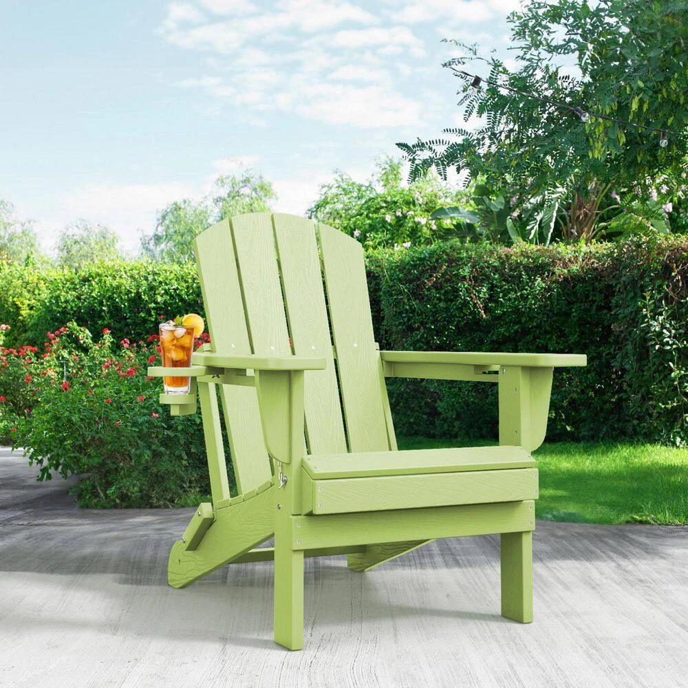 Classic Apple Green Folding HDPE Adirondack Chairs With 2-Cup Holders-Weather Resistant Patio Outdoor Chair (Set Of 1) 3 Classic Apple Green Folding HDPE Adirondack Chairs With 2-Cup Holders-Weather Resistant Patio Outdoor Chair (Set Of 1) - Image 3