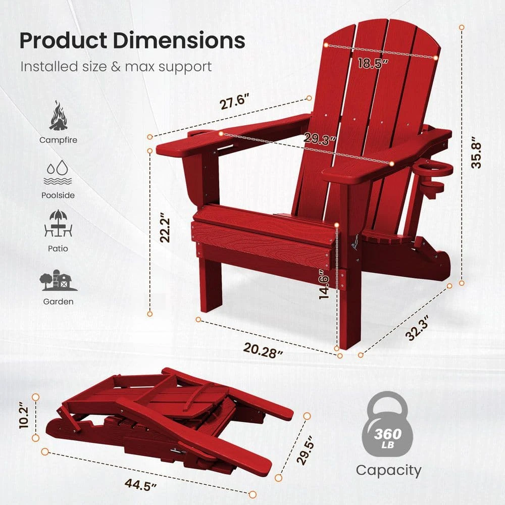 Classic Red Folding Plastic Adirondack Chairs With 2-Cup Holders-Weather Resistant Patio Outdoor Chair (Set Of 1) 6 Classic Red Folding Plastic Adirondack Chairs With 2-Cup Holders-Weather Resistant Patio Outdoor Chair (Set Of 1) - Image 6
