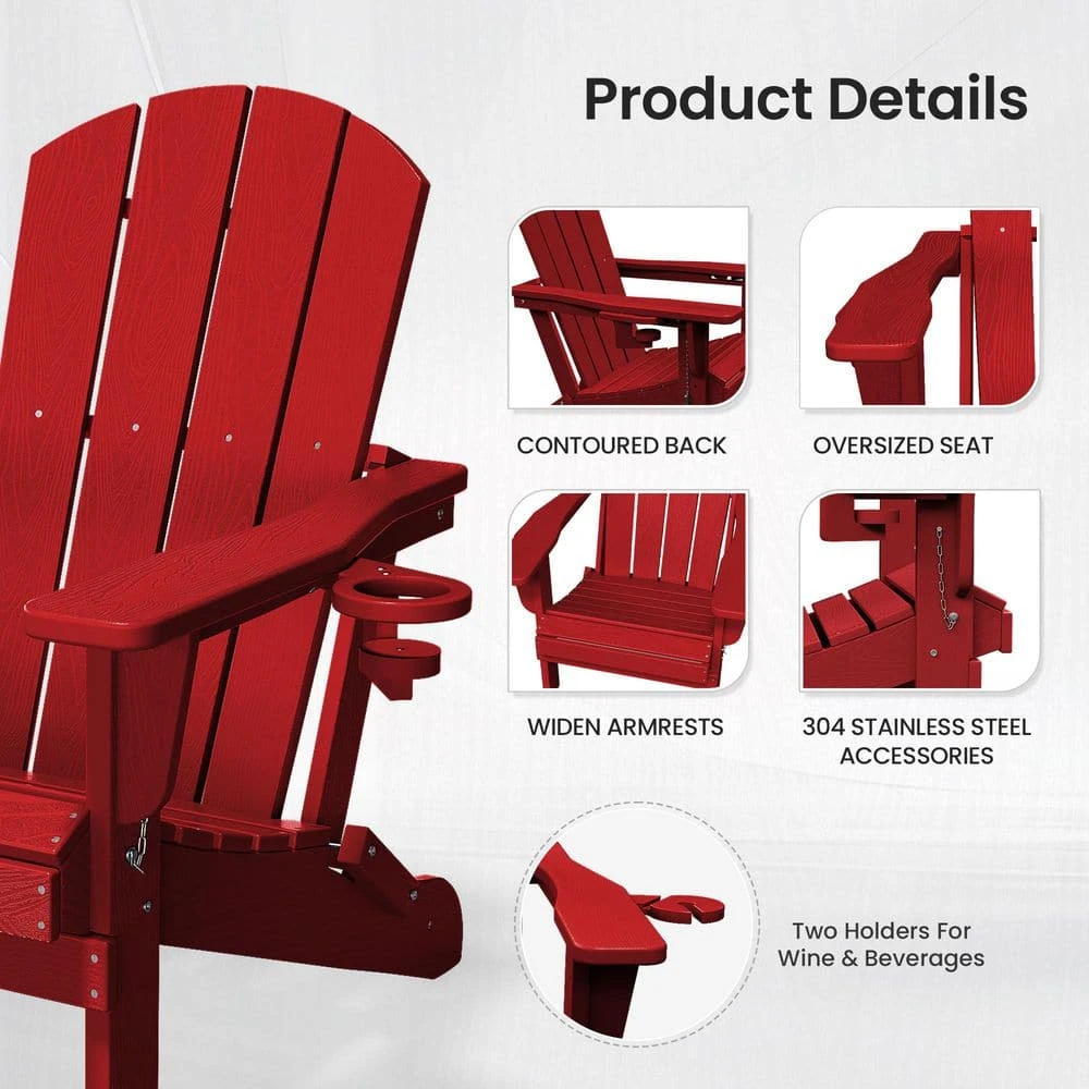 Classic Red Folding Plastic Adirondack Chairs With 2-Cup Holders-Weather Resistant Patio Outdoor Chair (Set Of 1) 4 Classic Red Folding Plastic Adirondack Chairs With 2-Cup Holders-Weather Resistant Patio Outdoor Chair (Set Of 1) - Image 4