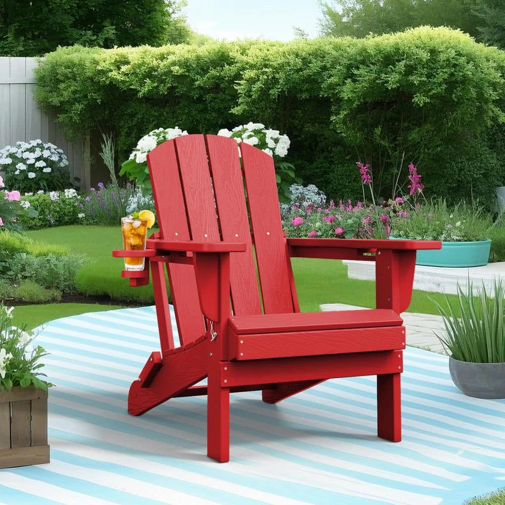 Classic Red Folding Plastic Adirondack Chairs With 2-Cup Holders-Weather Resistant Patio Outdoor Chair (Set Of 1) 1 Classic Red Folding Plastic Adirondack Chairs With 2-Cup Holders-Weather Resistant Patio Outdoor Chair (Set Of 1)