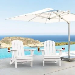 Classic White Folding Plastic Adirondack Chairs With 2-Cup Holders-Weather Resistant Patio Outdoor Chair (Set Of 1) -More Furniture Store jearey plastic adirondack chairs sbtzdy wh 31 1000