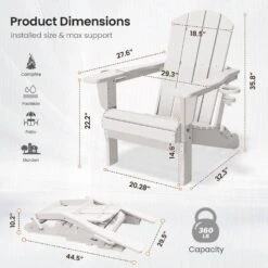 Classic White Folding Plastic Adirondack Chairs With 2-Cup Holders-Weather Resistant Patio Outdoor Chair (Set Of 1) -More Furniture Store jearey plastic adirondack chairs sbtzdy wh 44 1000
