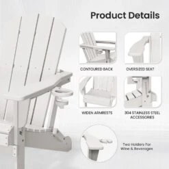 Classic White Folding Plastic Adirondack Chairs With 2-Cup Holders-Weather Resistant Patio Outdoor Chair (Set Of 1) -More Furniture Store jearey plastic adirondack chairs sbtzdy wh 4f 1000