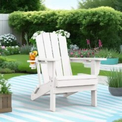 Classic White Folding Plastic Adirondack Chairs With 2-Cup Holders-Weather Resistant Patio Outdoor Chair (Set Of 1)