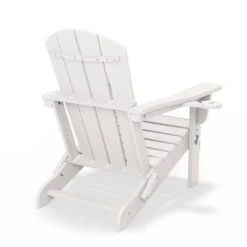 Classic White Folding Plastic Adirondack Chairs With 2-Cup Holders-Weather Resistant Patio Outdoor Chair (Set Of 1) -More Furniture Store jearey plastic adirondack chairs sbtzdy wh 76 1000