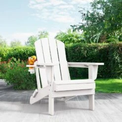 Classic White Folding Plastic Adirondack Chairs With 2-Cup Holders-Weather Resistant Patio Outdoor Chair (Set Of 1) -More Furniture Store jearey plastic adirondack chairs sbtzdy wh c3 1000