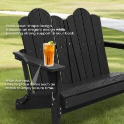 Classic Black Plastic Adirondack Chair 2-Person Outdoor Loveseat With Foldable Design -More Furniture Store jearey plastic adirondack chairs srydy black 1f 1000