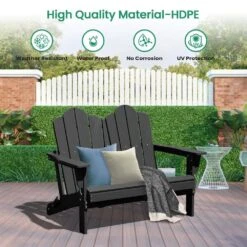Classic Black Plastic Adirondack Chair 2-Person Outdoor Loveseat With Foldable Design -More Furniture Store jearey plastic adirondack chairs srydy black 4f 1000