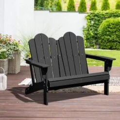Classic Black Plastic Adirondack Chair 2-Person Outdoor Loveseat With Foldable Design -More Furniture Store jearey plastic adirondack chairs srydy black c3 1000