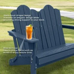 Classic Navy Blue Plastic Adirondack Chair 2-Person Outdoor Loveseat With Foldable Design -More Furniture Store jearey plastic adirondack chairs srydy blue 1f 1000