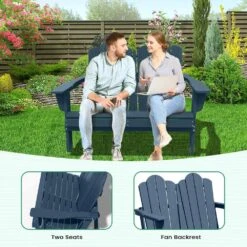 Classic Navy Blue Plastic Adirondack Chair 2-Person Outdoor Loveseat With Foldable Design -More Furniture Store jearey plastic adirondack chairs srydy blue 31 1000