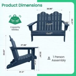 Classic Navy Blue Plastic Adirondack Chair 2-Person Outdoor Loveseat With Foldable Design -More Furniture Store jearey plastic adirondack chairs srydy blue 76 1000