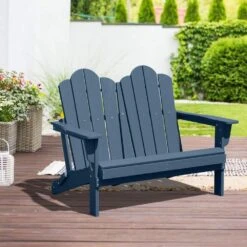 Classic Navy Blue Plastic Adirondack Chair 2-Person Outdoor Loveseat With Foldable Design -More Furniture Store jearey plastic adirondack chairs srydy blue c3 1000
