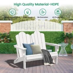 Classic White Plastic Adirondack Chair 2-Person Outdoor Loveseat With Foldable Design -More Furniture Store jearey plastic adirondack chairs srydy write 4f 1000