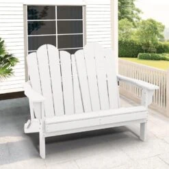 Classic White Plastic Adirondack Chair 2-Person Outdoor Loveseat With Foldable Design